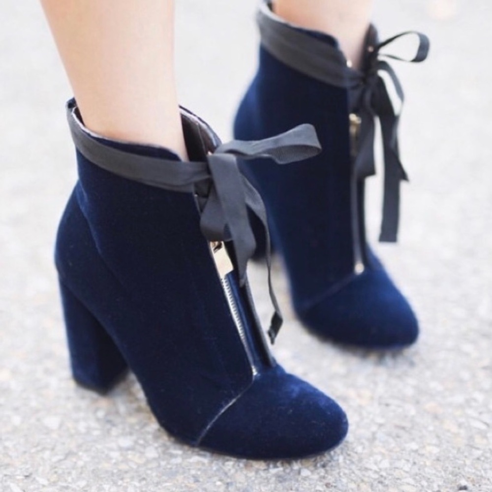 Zara Navy Velvet Ankle Booties with Ribbon Tie